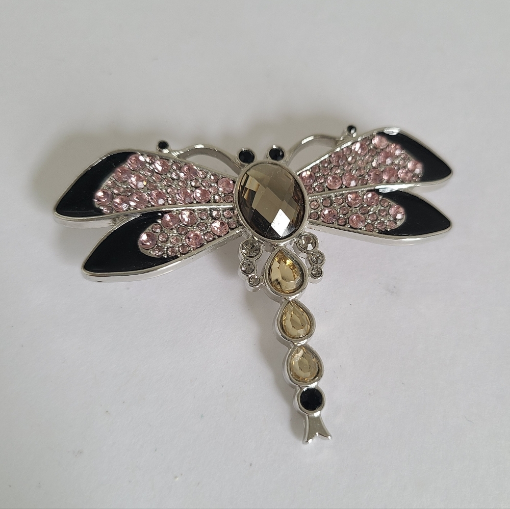 Vintage Lia Sophia Silver Tone Black Enamel Pink Rhinestone Dragonfly Brooch Pin